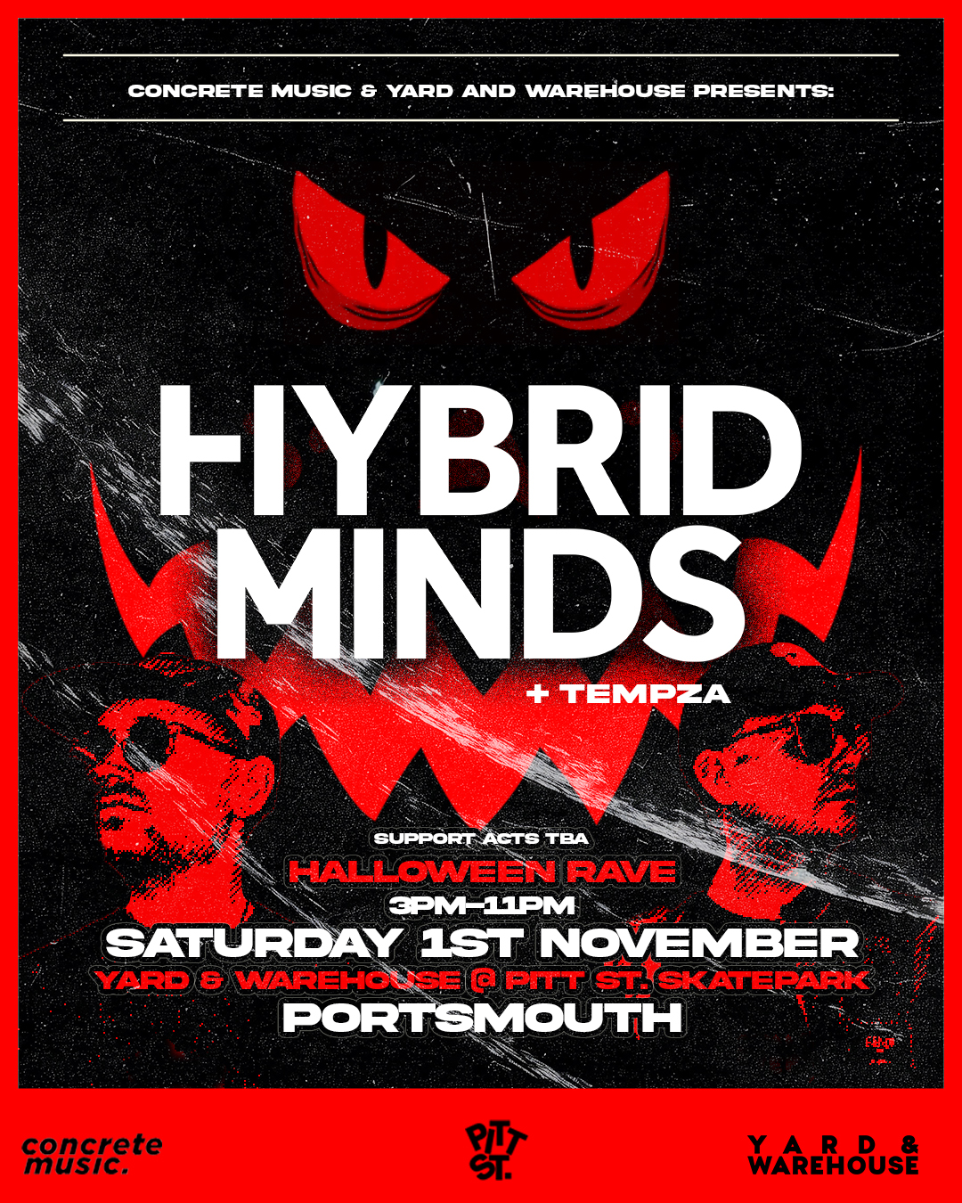 Hybrid Minds Event Poster Portsmouth Halloween Rave Yard and Warehouse at Pitt St. Skatepark